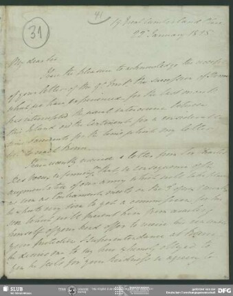 Eigenh. Brief von Alexander Johnston an August Wilhelm von Schlegel, London, 22.01.1825