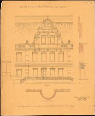 Schloss Kaminietz Erweiterung, 3. Projekt: Aufriss Giebel an der Gartenseite, Fassadenschnitt, Grundriss der Terrasseneinfassung, Vertikalschnitt durch die Terrasseneinfassung, Maßstabsleiste