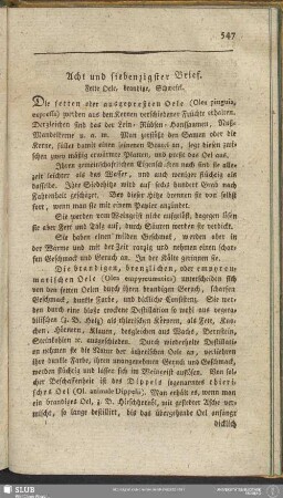 Acht und siebenzigster Brief. Fette Oele, brandige, Schwefel