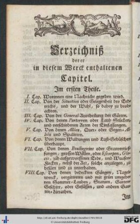 Verzeichniß derer in diesem Werck enthaltenen Capitel.