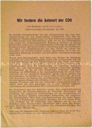 Flugschrift des SPD-Vorstandes mit Pressestimmen zu einer Dokumentation über das Verhältnis der Sozialdemokratie zum Kommunismus