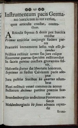 Instrumentum pacis Germano Suecicum in tot versus, quot articulis constat, contractum.