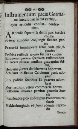Instrumentum pacis Germano Suecicum in tot versus, quot articulis constat, contractum.