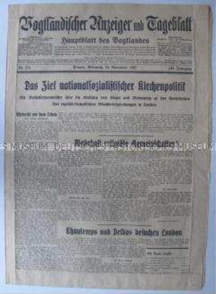 Regionale Tageszeitung des Vogtlandes zur nationalsozialistischen Kirchenpolitik