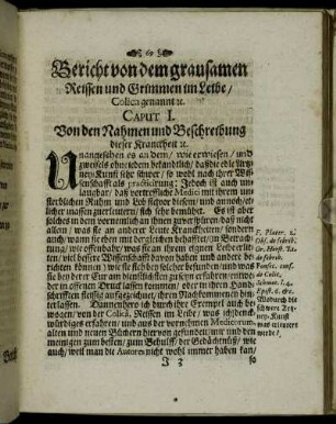 Bericht von dem grausamen Reissen und Grimmen im Leibe/ Colica genannt [et]c.