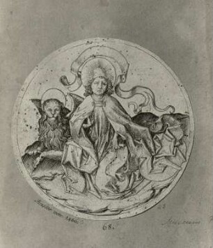 Evangelist Markus : Meister E S (auch genannt "Meister von 1466"): Evangelist Markus. Um 1440/1468. Kupferstich; rund. Dresden: Kupferstich-Kabinett