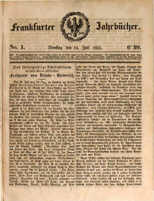 Frankfurter Jahrbücher : eine Zeitschr. für d. Erörterung hiesiger öffentl. Angelegenheiten. 6, 6. 1835