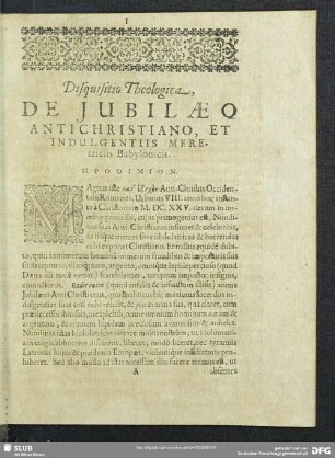 Disquisitio Theologica De Iubilaeo Antichristiano Et Indulgentiis Meretriciis Babylonicis