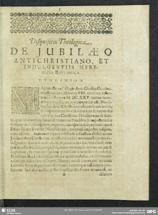 Disquisitio Theologica De Iubilaeo Antichristiano Et Indulgentiis Meretriciis Babylonicis