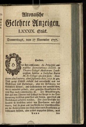 LXXXIX. Stück. Donnerstags, vom 17 November 1757