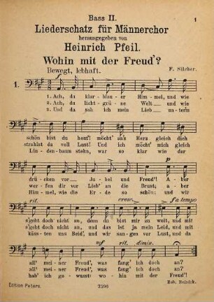 Liederschatz für Männerchor : 75 beliebte Chorlieder für Männerstimmen, 1. [1891]. - Pl.Nr. 7595.7596.B 2. - 90 S.
