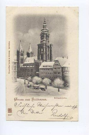"Kiliankirche" - Marktplatz und Außenansicht der Kilianskirche von Nordwesten, Häuser Kaiserstraße 32 und 34, Marktstände, im Schnee