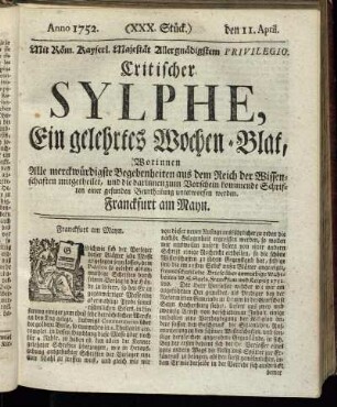 (XXX. Stück.) den 11. April. Anno 1752.