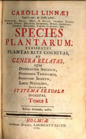 Caroli Linnaei ... Species Plantarum : Exhibentes Plantas Rite Cognitas, Ad Genera Relatas ; Cum Differentiis Specificis, Nominibus Trivialibus, Synonymis Selectis, Locis Natalibus, Secundum Systema Sexuale Digestas, 1