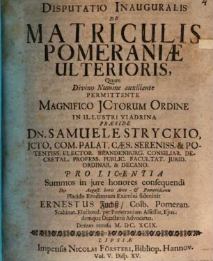 Disputatio Inauguralis De Matriculis Pomeraniae Ulterioris