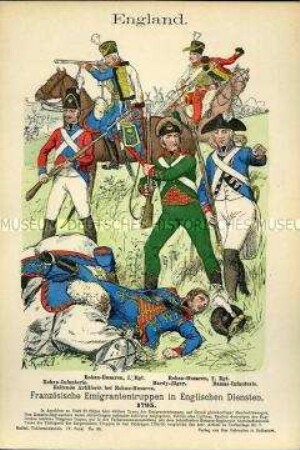 Uniformdarstellung, Infanteristen, Husaren, Artilleristen zu Pferde und Jäger der Französischen Emigranten-Truppen, Königreich Großbritannien, 1795.