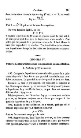 Chapitre IV. Théorie des logarithmes par les quantités exponentielles.
