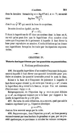Chapitre IV. Théorie des logarithmes par les quantités exponentielles.