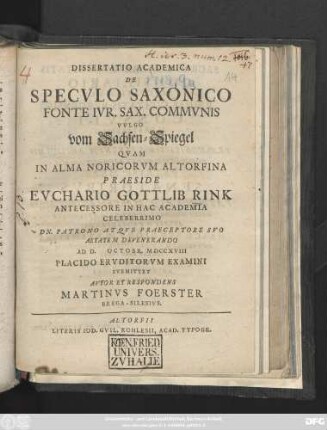 Dissertatio Academica De Specvlo Saxonico Fonte Ivr. Sax. Commvnis Vvlgo vom Sachsen-Spiegel
