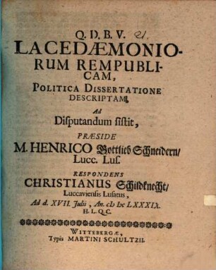 Lacedaemoniorum respublica ... descripta