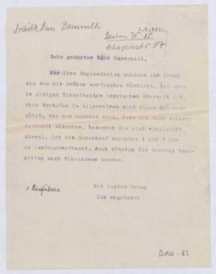 Schreiben an den Architekten Hans Bernoulli, Berlin (Brief)