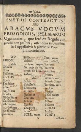 Smetius Contractus Seu Abacus Vocum Prosodicus, Syllabarum Quantitates, ...