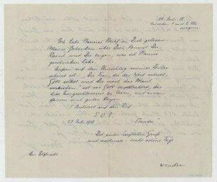Brief von Johannes Baader an Elfriede Hausmann. [Plessow]. Rückseite Brief von Raoul Hausmann an Elfriede Hausmann, [vermutlich 24.7.1918]