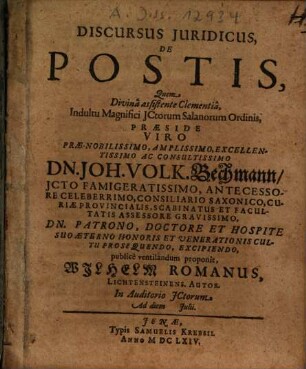 Discursus Iuridicus, De Postis