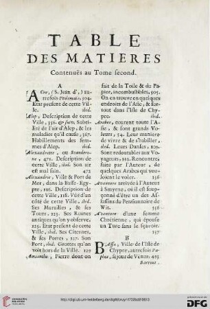 Table des Matières contenuës au tome second