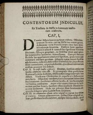 Contentorum Indiculus, Ex Tractatu de Missis in honorem sanctorum celebratis.