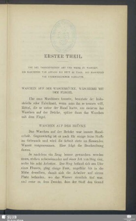 Erster Theil. Von der verschiedenen Art und Weise zu waschen. Die Maschinen von Anfang bis heut zu Tage. Die Maschinen von unbeschränktem Gebrauch