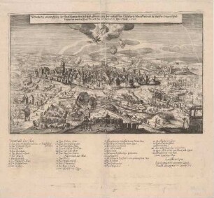Leipzig, Gesamtansicht aus der halben Vogelperspektive mit Belagerung im Schmalkaldischen Krieg durch Johann Friedrich von Sachsen, 1547