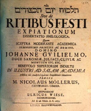 Hilḵôt yôm hak-kippûrîm sive de ritibus festi expiationum dissertatio philologica