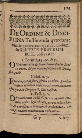 De Ordine & Disciplina Testimonia quædam: tum in genere, tum quemadmodum in Unitate Fratrum Boh. observatur.