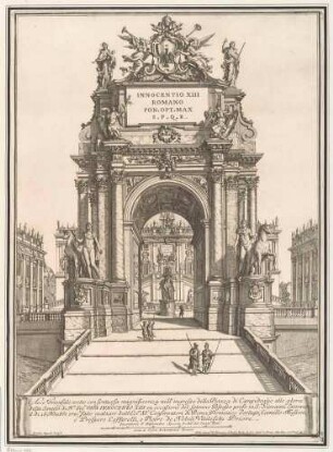 Ephemerer Triumphbogen auf dem Kapitolsplatz in Rom anlässlich der feierlichen Inbesitznahme ("Possesso") der Lateransbasilika durch Papst Innozenz XIII. im Jahr 1721