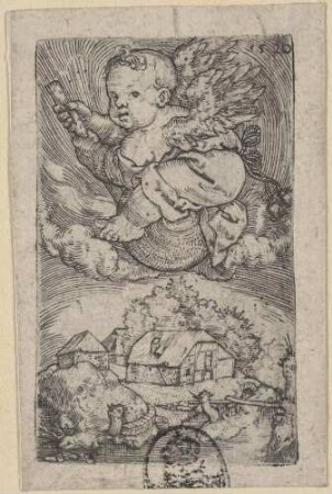 Putto fliegt auf einer Kugel sitzend über eine Landschaft