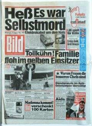 Tageszeitung "Bild" zum Tod von Rudolf Heß und zur Republikflucht einer DDR-Familie mit einem Agrarflugzeug
