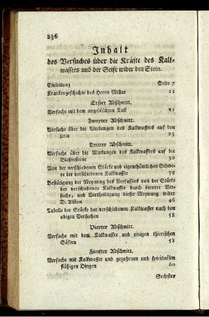 Inhalt des Versuches über die Kräfte des Kalkwassers und der Seife wider den Stein.