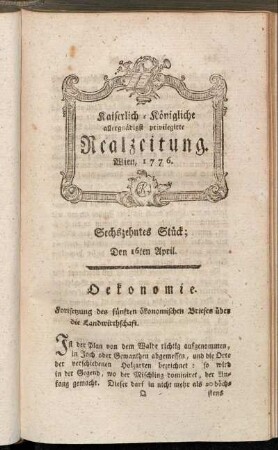 Sechszehntes Stück; Den 16ten April. Wien, 1776.