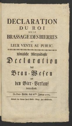 Déclaration Du Roi Sur Le Brassage Des Bierres Et Leur Vente Au Public