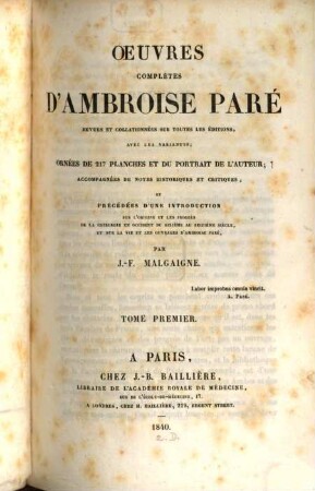 Oeuvres complètes d'Ambroise Paré. 1
