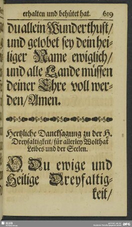 Hertzliche Dancksagung zu der H. Dreyfaltigkeit, für allerley Wolthat Leibes und der Seelen