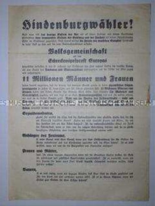 Propagandaflugblatt der NSDAP zur Reichspräsidentenwahl 1932 mit Ausrichtung auf die potentiellen Wähler Hindenburgs