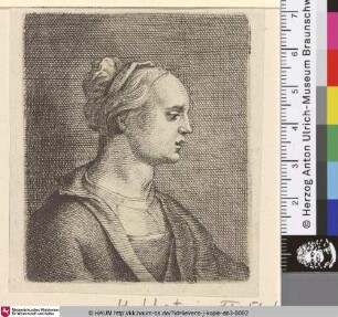 [Brustbild einer jungen Frau im Profil, nach rechts; Bust of a young woman in profile to the right]