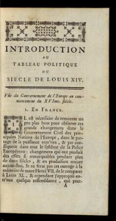 Introduction Au Tableau Politique Du Siecle De Louis XIV.