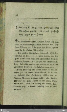 Friedrich II. zeigt, dem Beyspiele seiner Vorfahren gemäß, Liebe und Hochachtung gegen seine Eltern