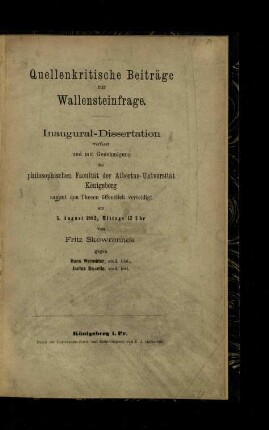 Quellenkritische Beiträge zur Wallensteinfrage