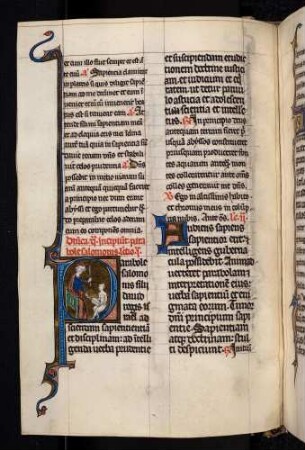 Historisierte Initiale (Sprüche Salomos): P(arabole Salomonis): Salomo züchtigt einen Schriftgelehrten