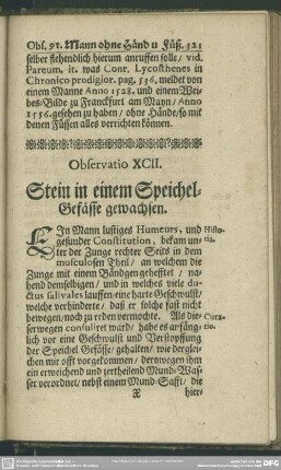 Observatio XCII. Stein in einem Speichel-Gefässe gewachsen