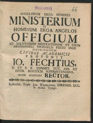 Angelorum Erga Homines Ministerium Et Hominum Erga Angelos Officium Ad Salutarem Meditationem Et Usum Archangeli Michaelis Festo Inde Hauriendum Civibus Academicis
